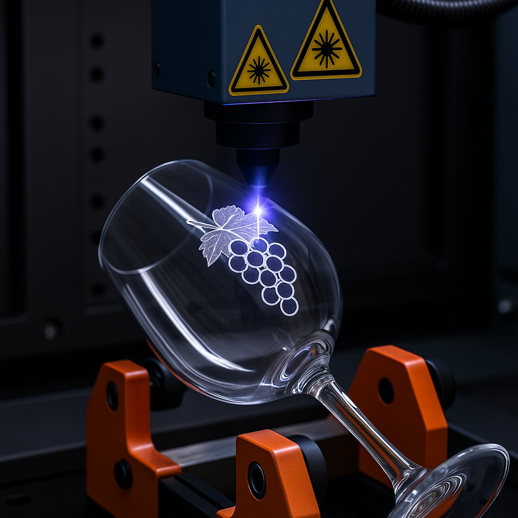 UV laser engraver etching a wine glass on a rotary