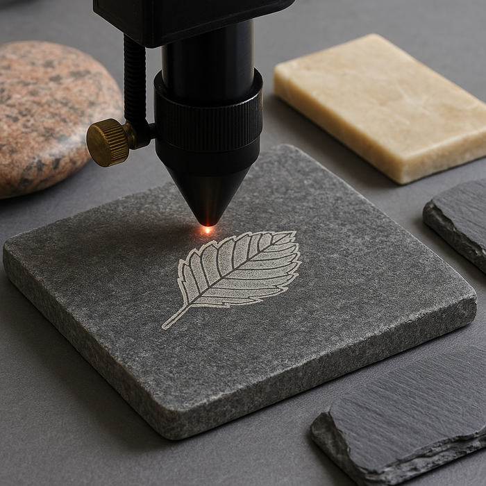 Laser engraving machine etching a leaf design onto a dark stone tile surrounded by various stone samples.
