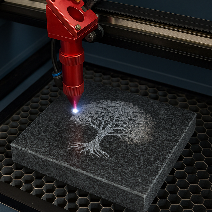 Laser engraving machine with a red nozzle etching a detailed tree design onto a dark stone tile on a honeycomb platform.
