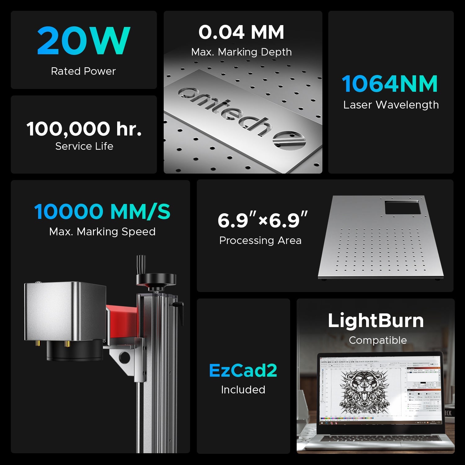OMTech MOPA 20W Split Fiber Laser Engraver Specifications