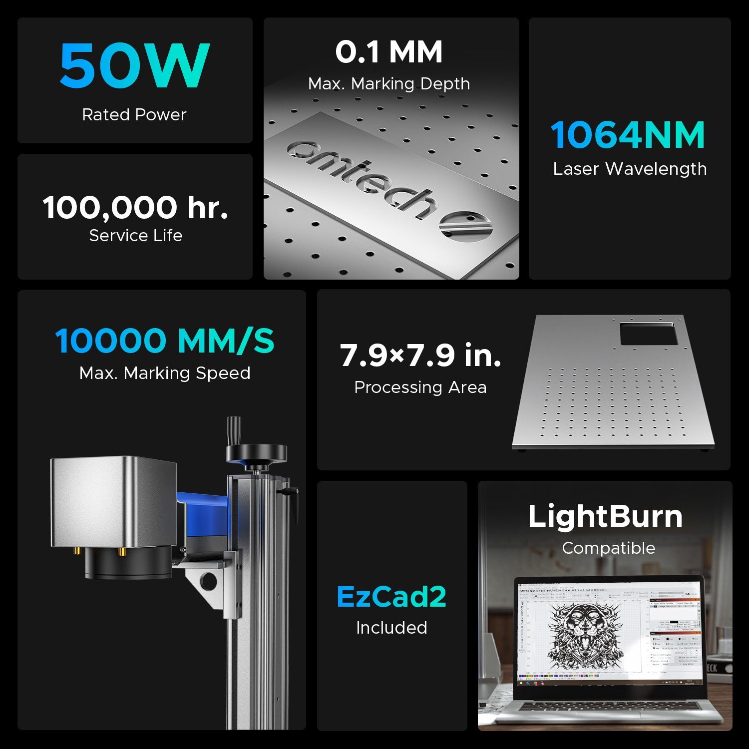 OMTech Galvo 50W Split Fiber Laser Engraver Specifications