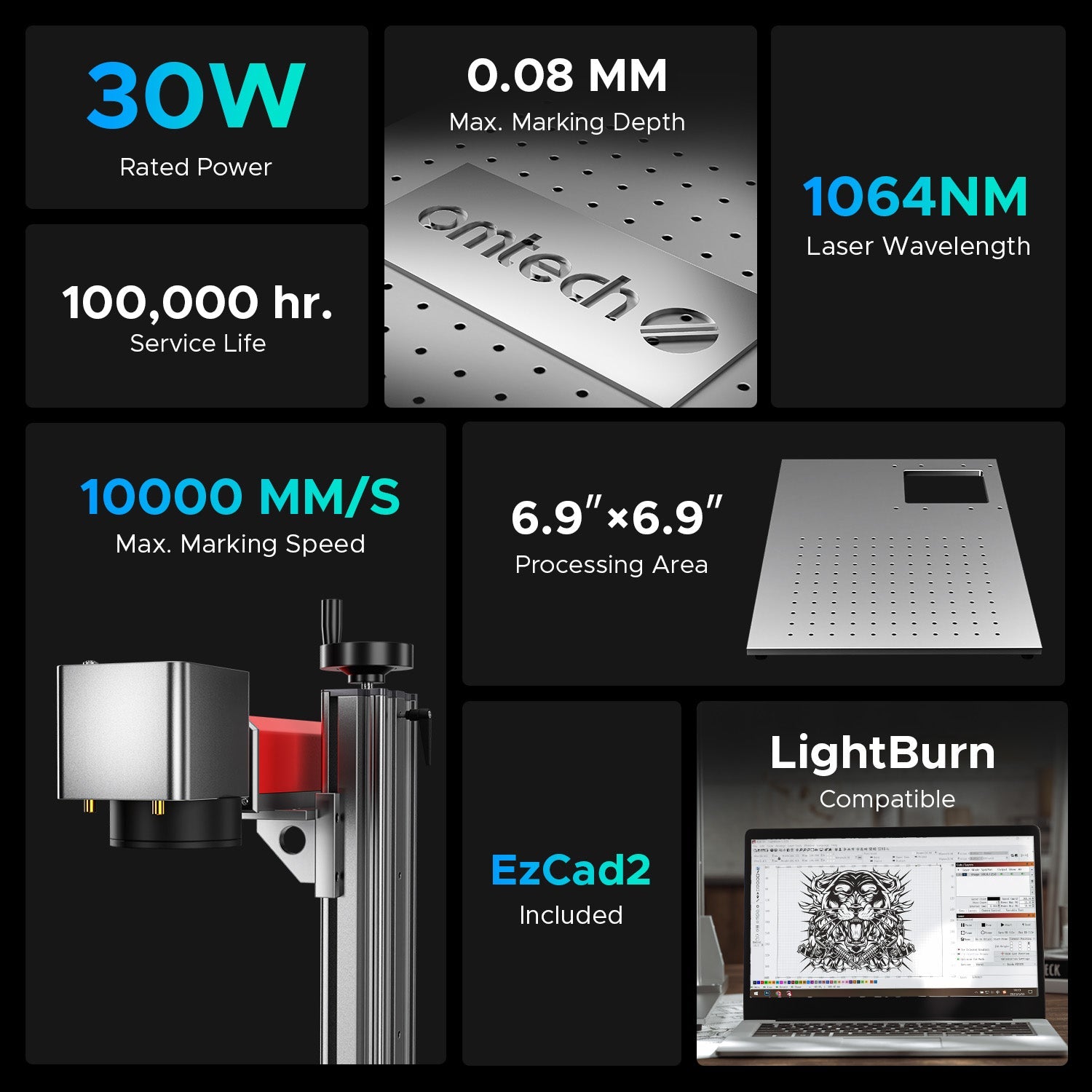 OMTech MOPA 30W Split Fiber Laser Engraver Specifications
