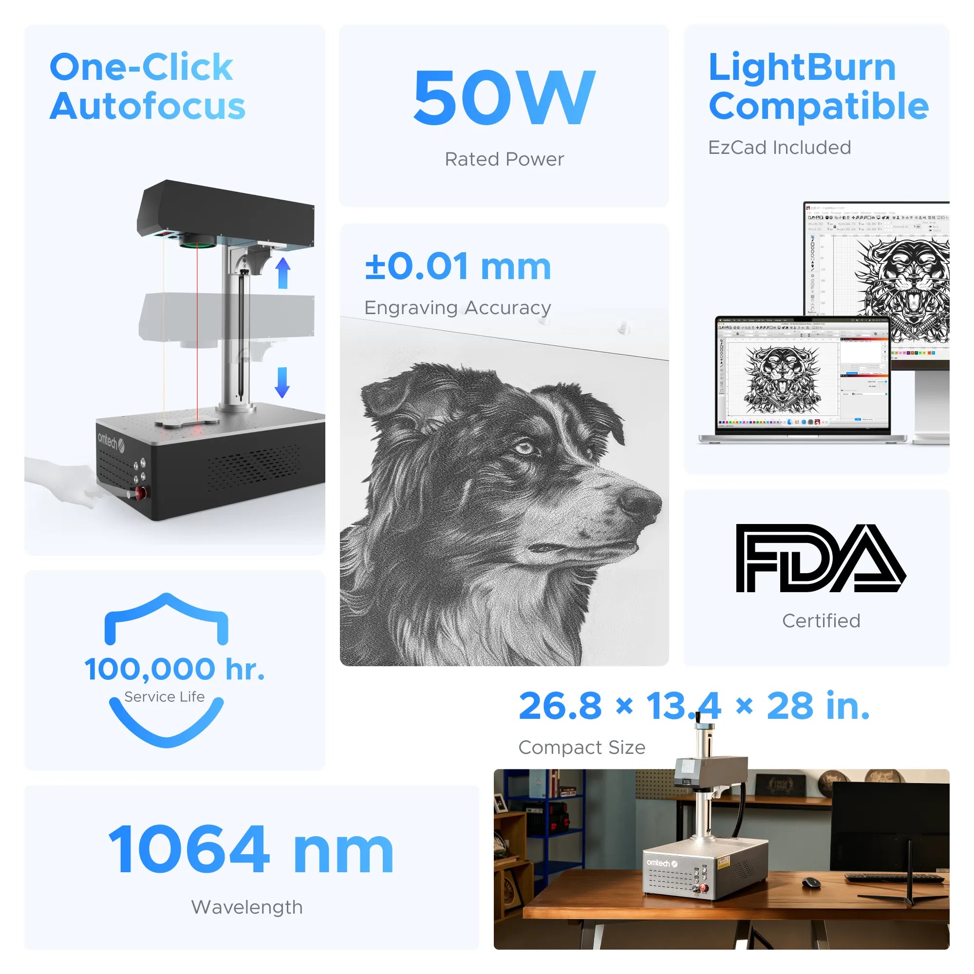 OMTech Galvo 50W Autofocus Fiber Laser Marking Machine Specifications