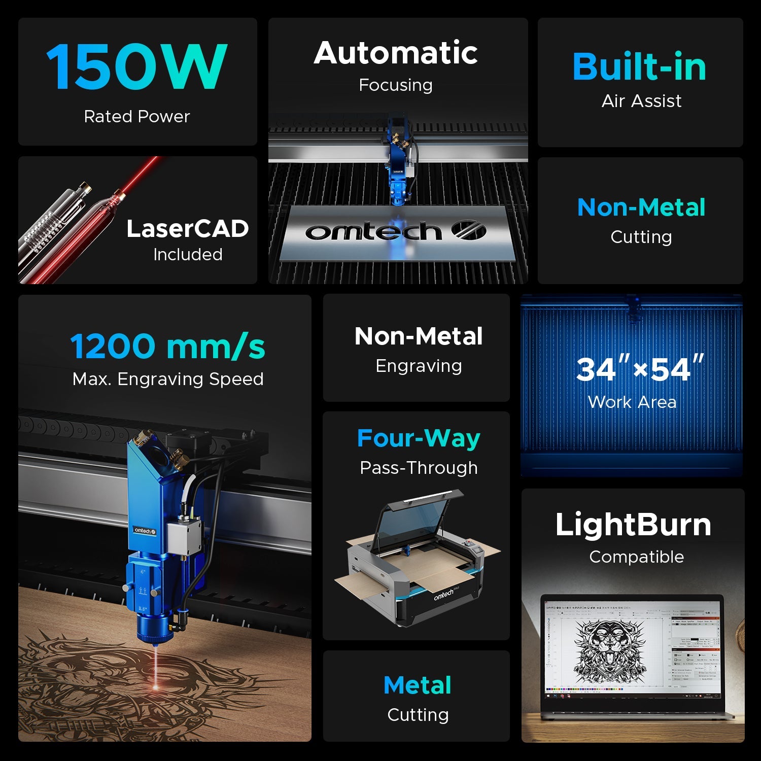 OMTech Pro 3655 Hybrid 150W CO2 Laser Cutter and Engraver Specifications