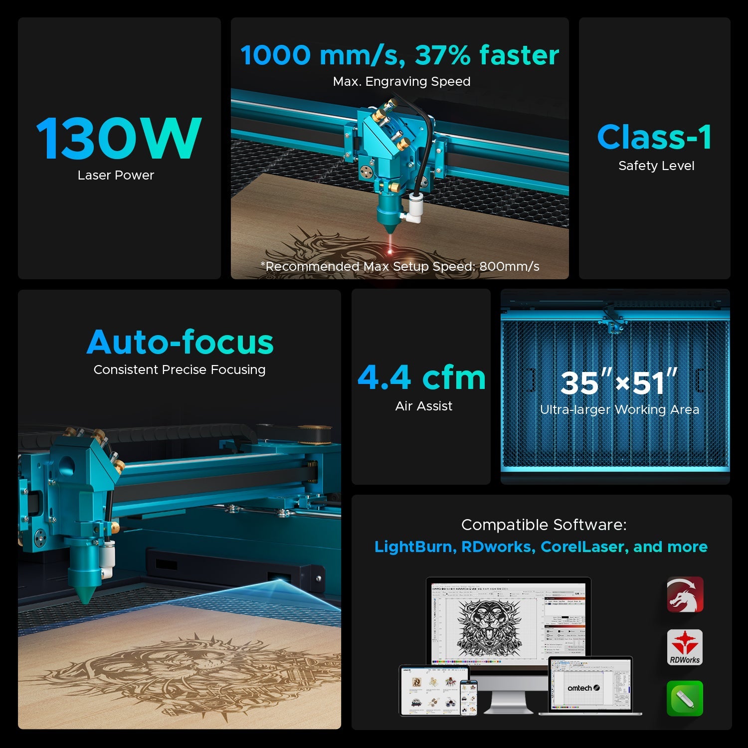 OMTech Pronto 60 130W CO2 Laser Cutter and Engraver Specifications