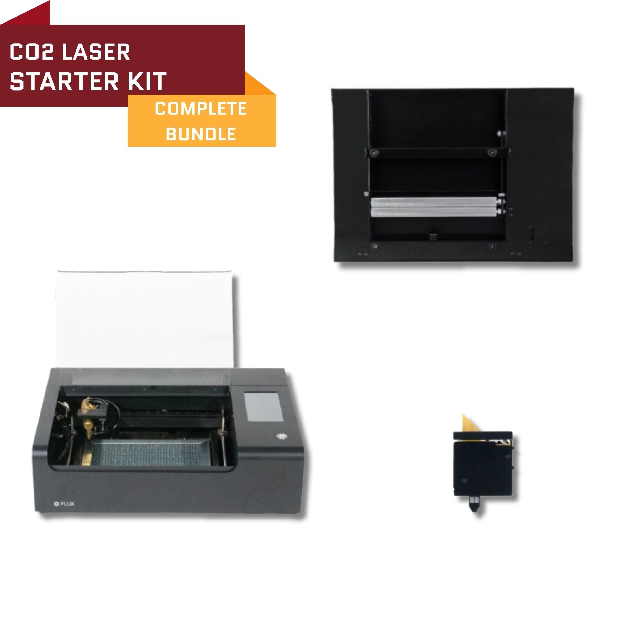 co2 laser starter kit with components and branding on a white background