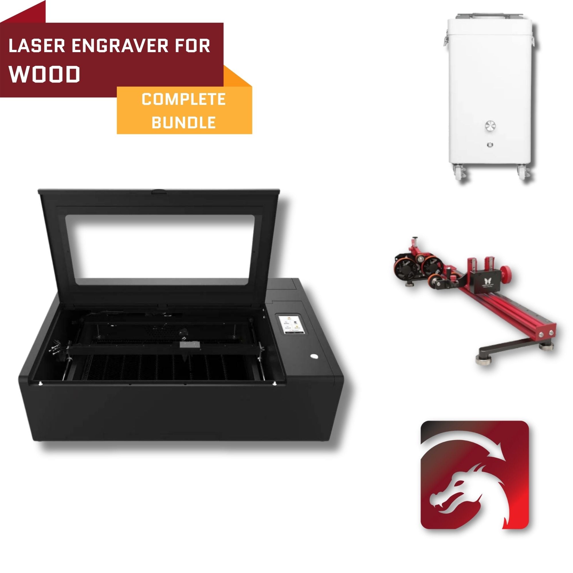 Laser engraver for wood with components and branding on a white background