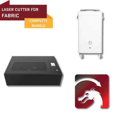 Laser cutter for fabric with components and branding on a white background