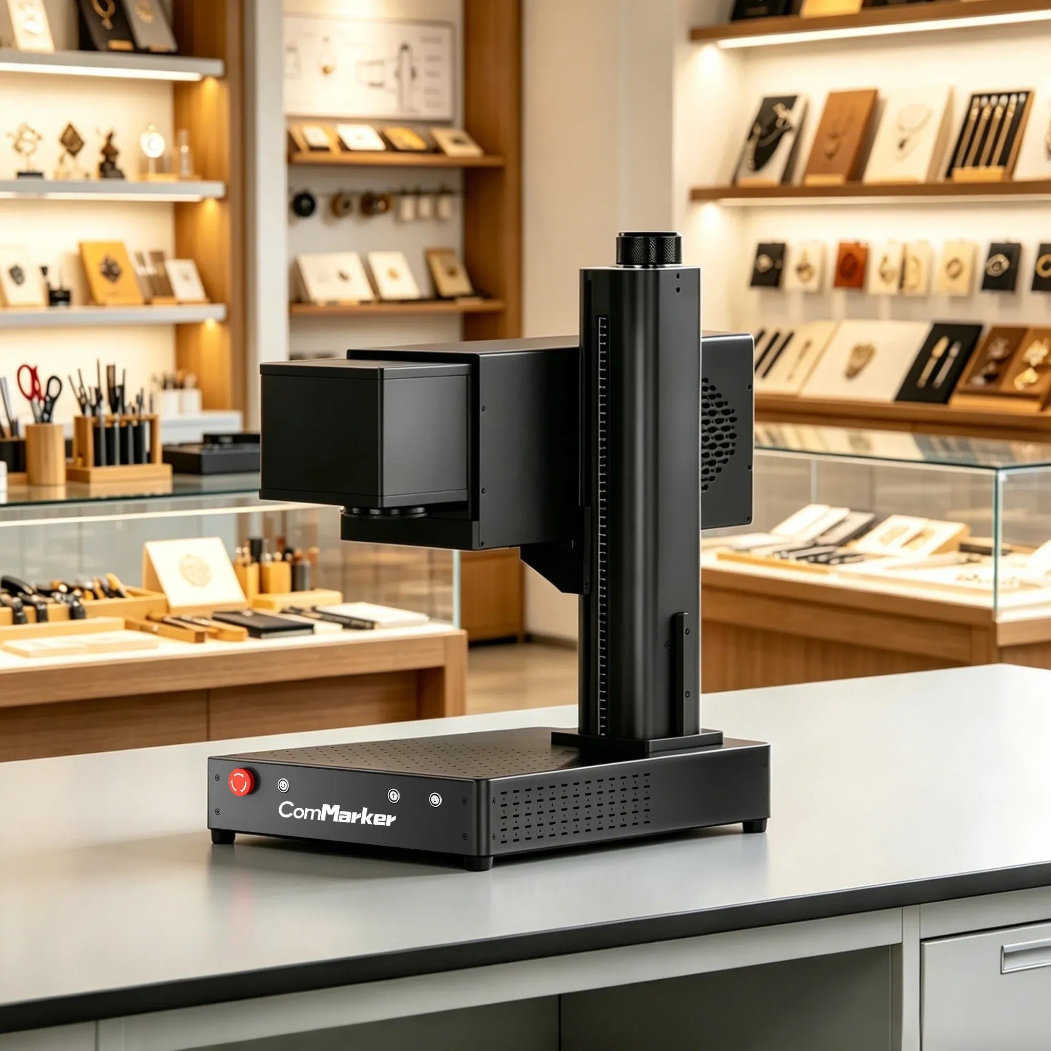 Black CO2 laser engraving machine on a counter with shelves displaying various items in the background
