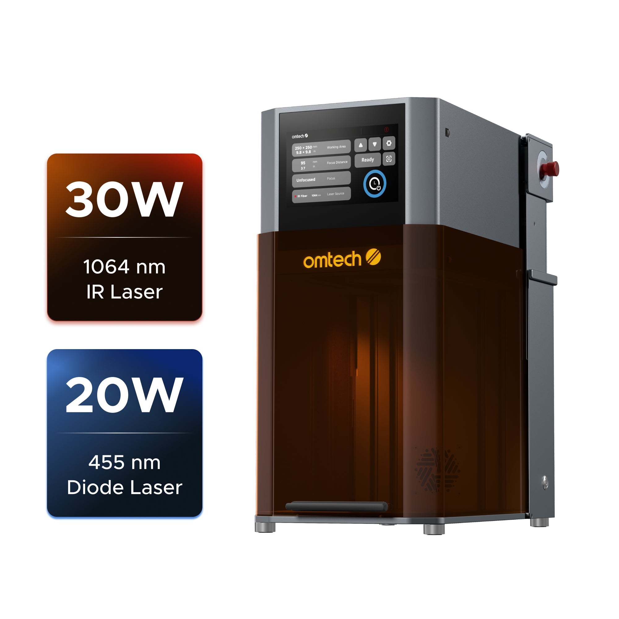 OMTech Solis Duo 30W Fiber & 20W Diode Dual Laser Engraver with Autofocus