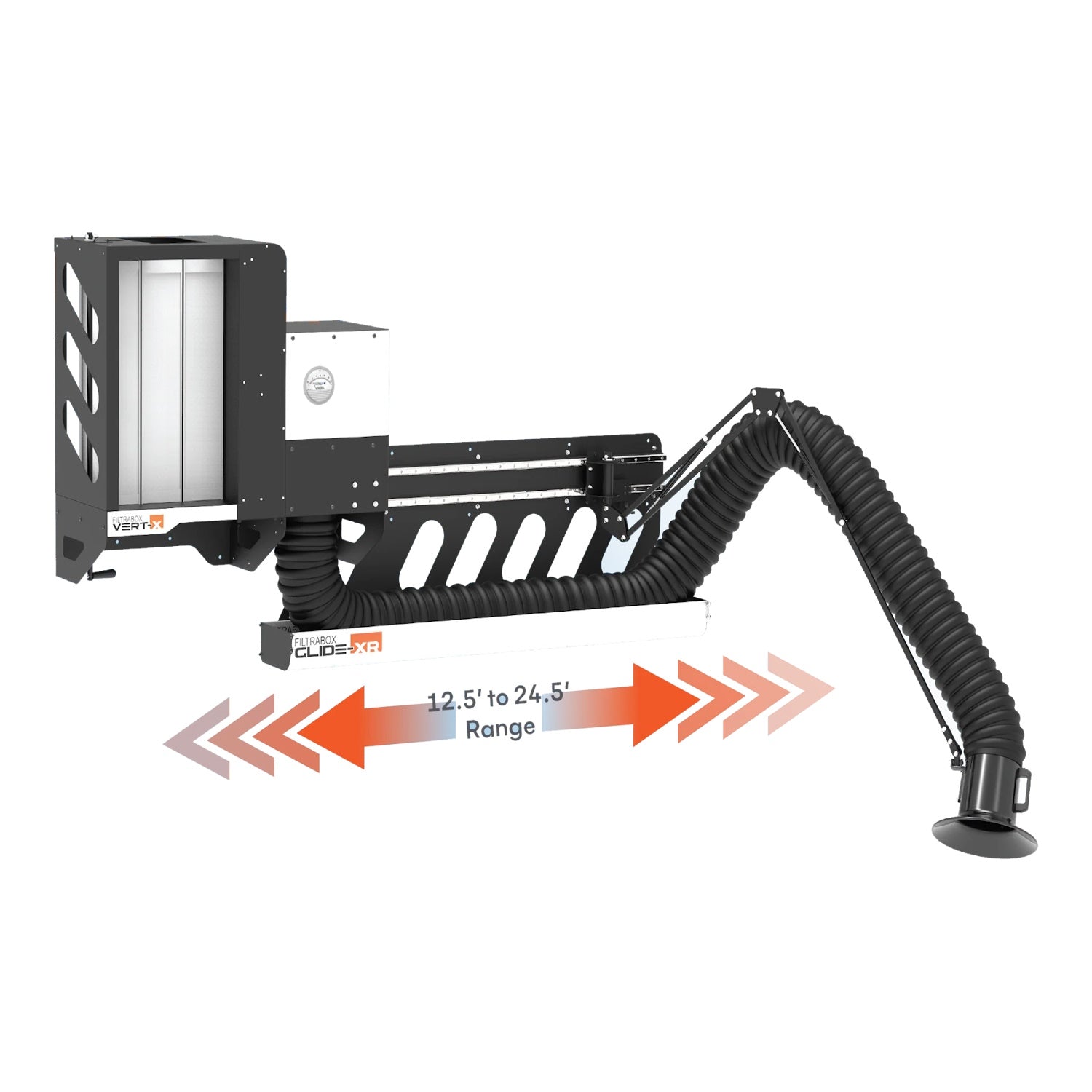 Filtrabox Vert-X Welding Fume Extractor with Glide-XR extension showing its range of motion