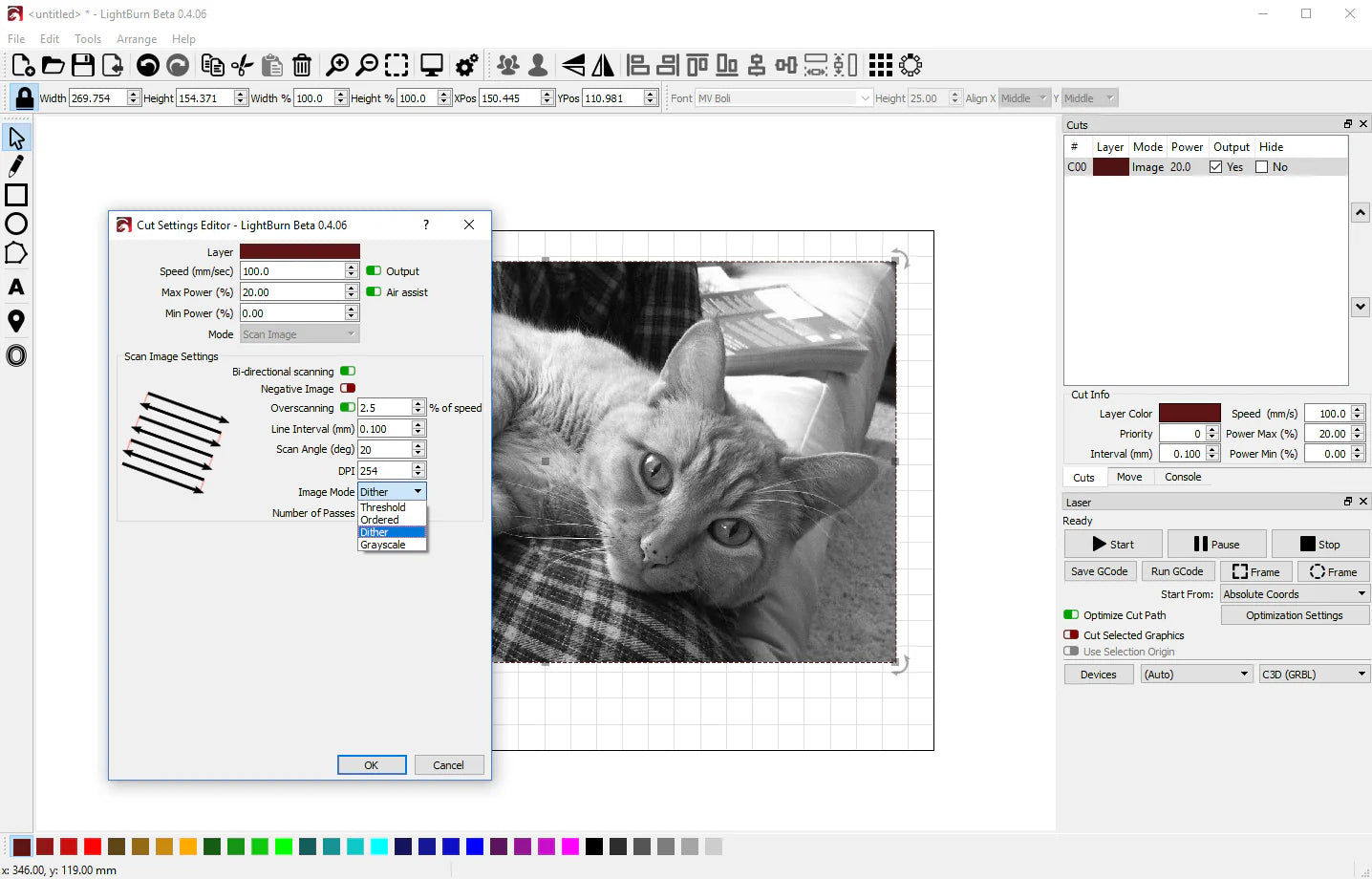 Lightburn user interface cat engraving