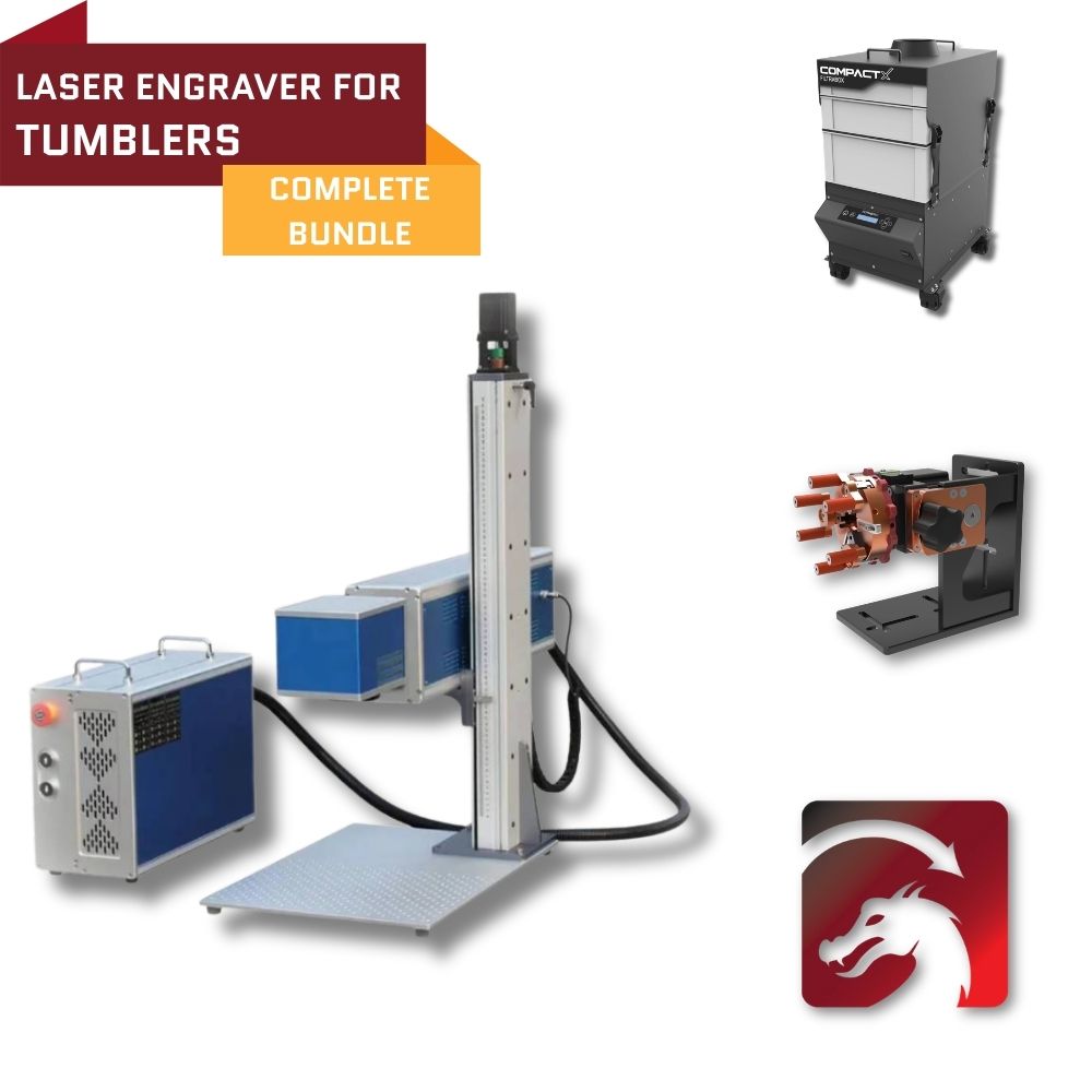 Laser engraver for tumblers with components and branding on a white background