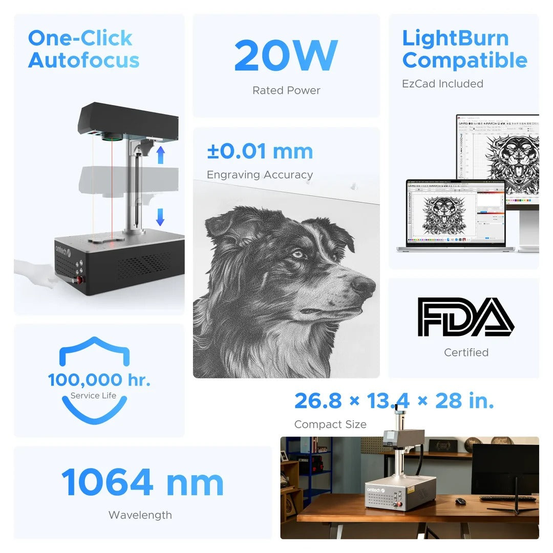 OMTech Galvo 20W Autofocus Fiber Laser Marking Machine