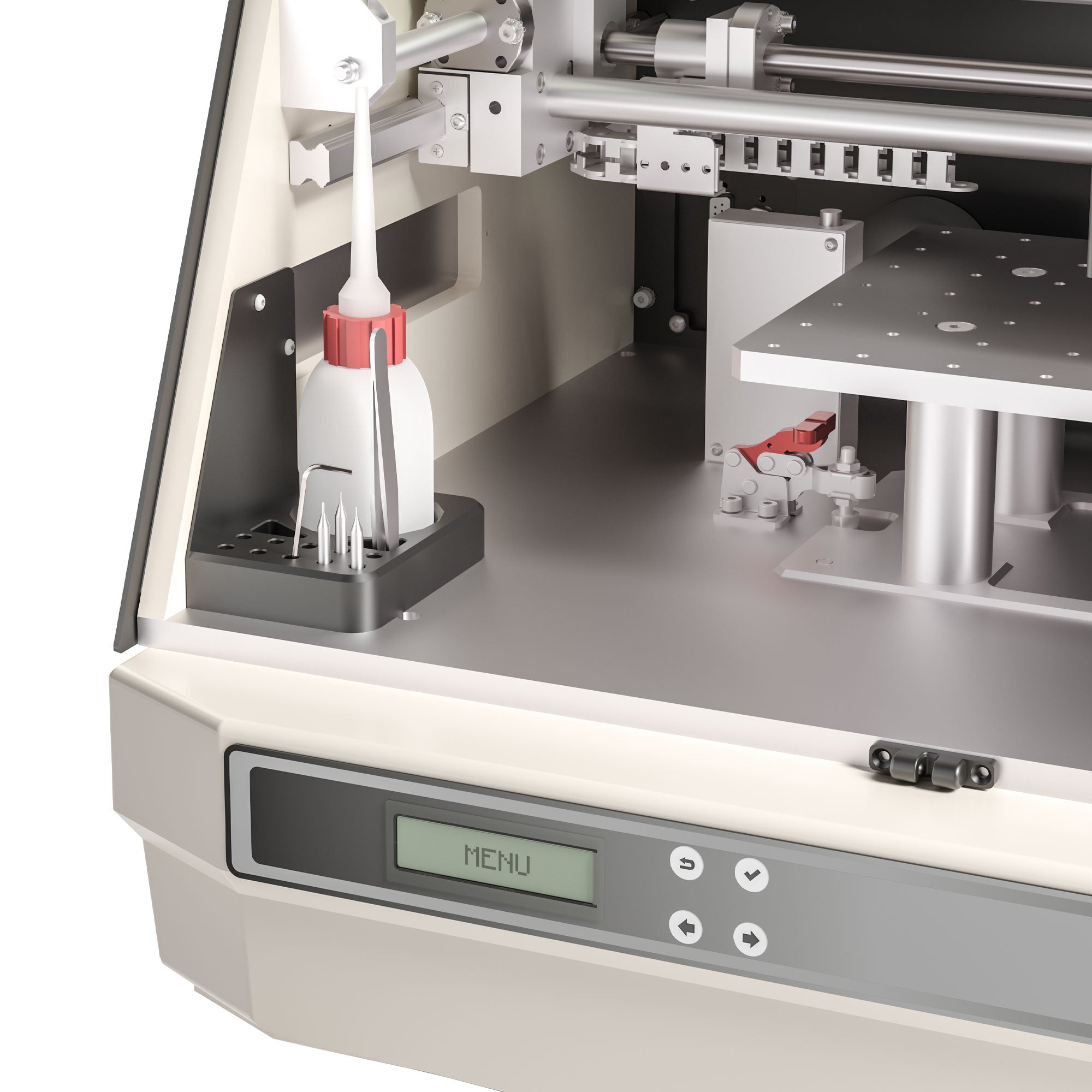 Sunstone Opera: Laser Engraver + CNC Milling Machine with a nozzle and digital display on a white background