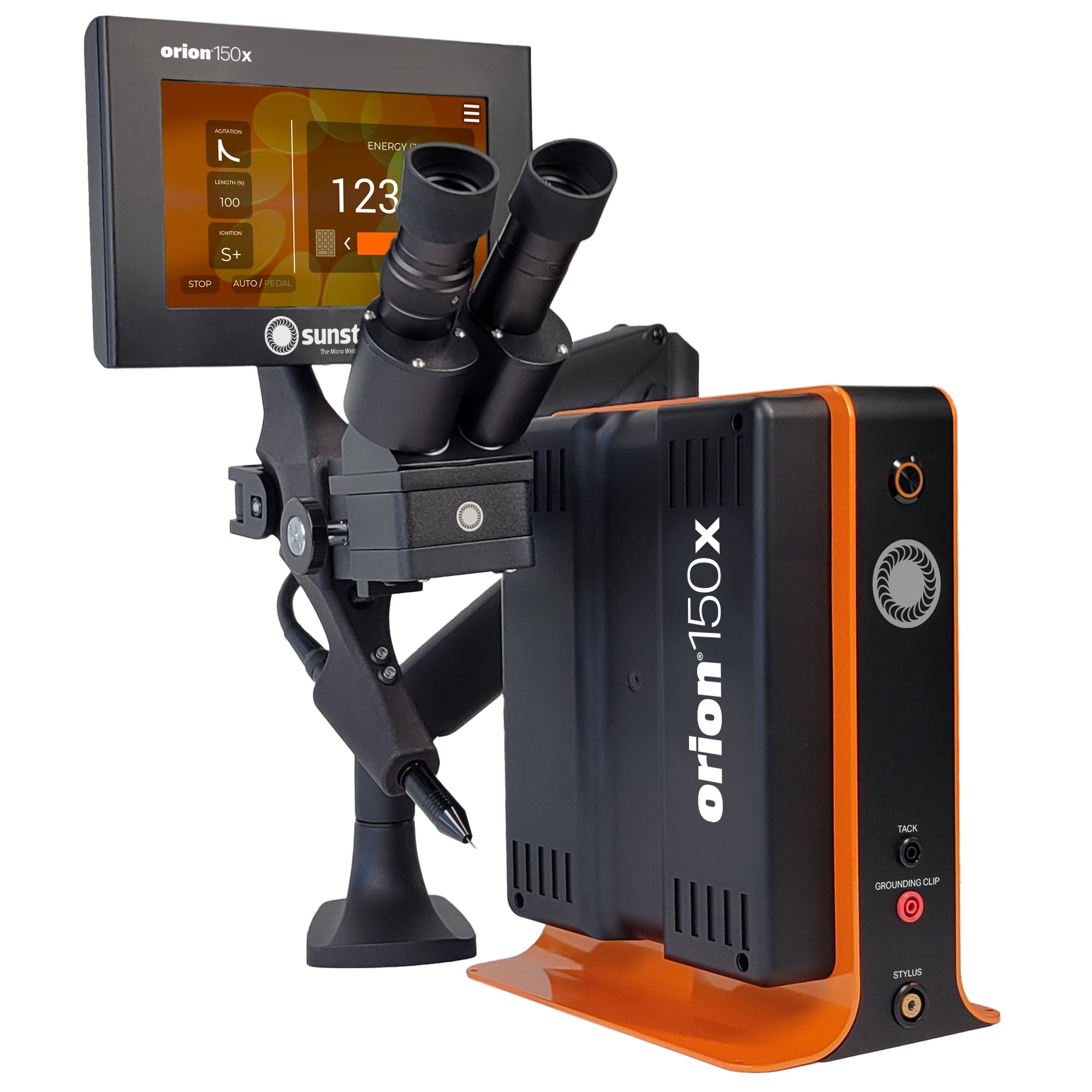 Sunstone Orion 150x Pulse Arc Welder for Jewelry & Repair with digital display and 'orion 150x' branding on a white background