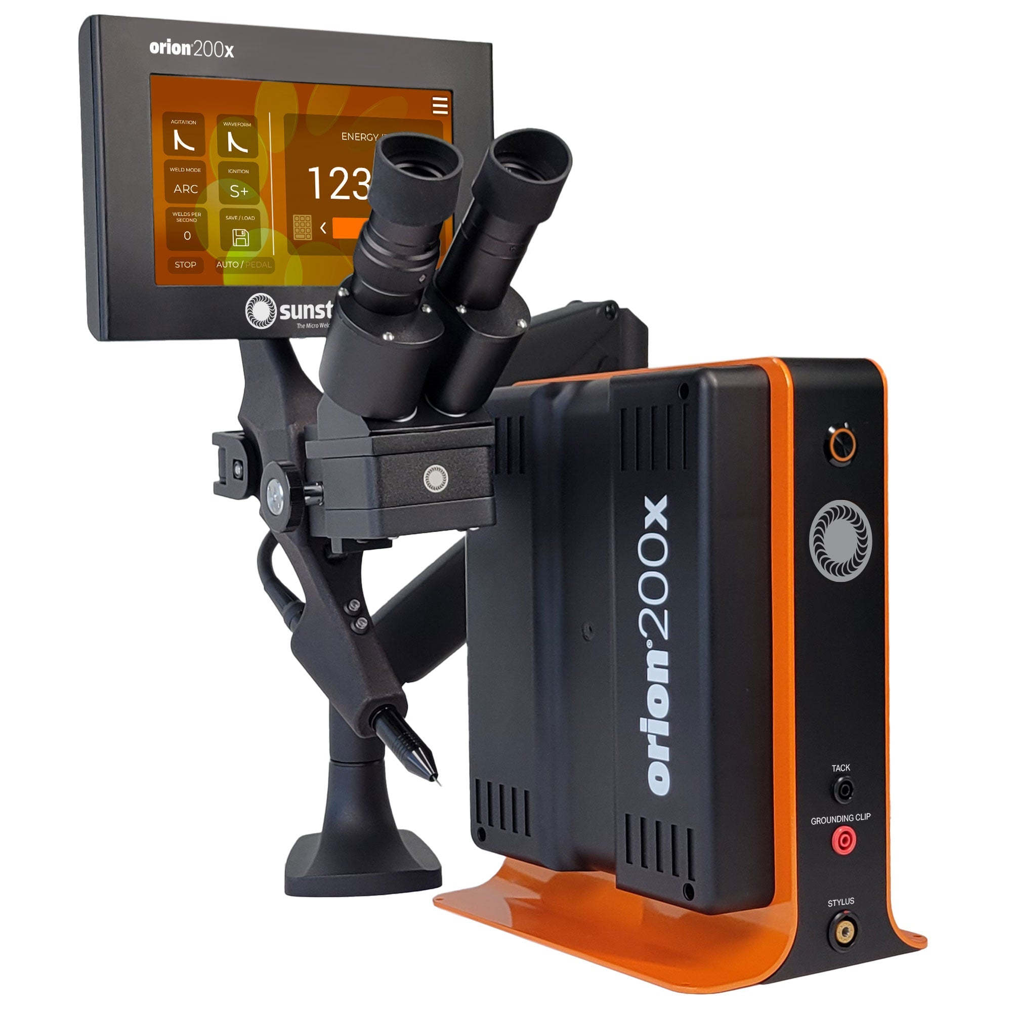 Sunstone Orion 200x Pulse Arc Welder electronic device with screen and black arms on a white background