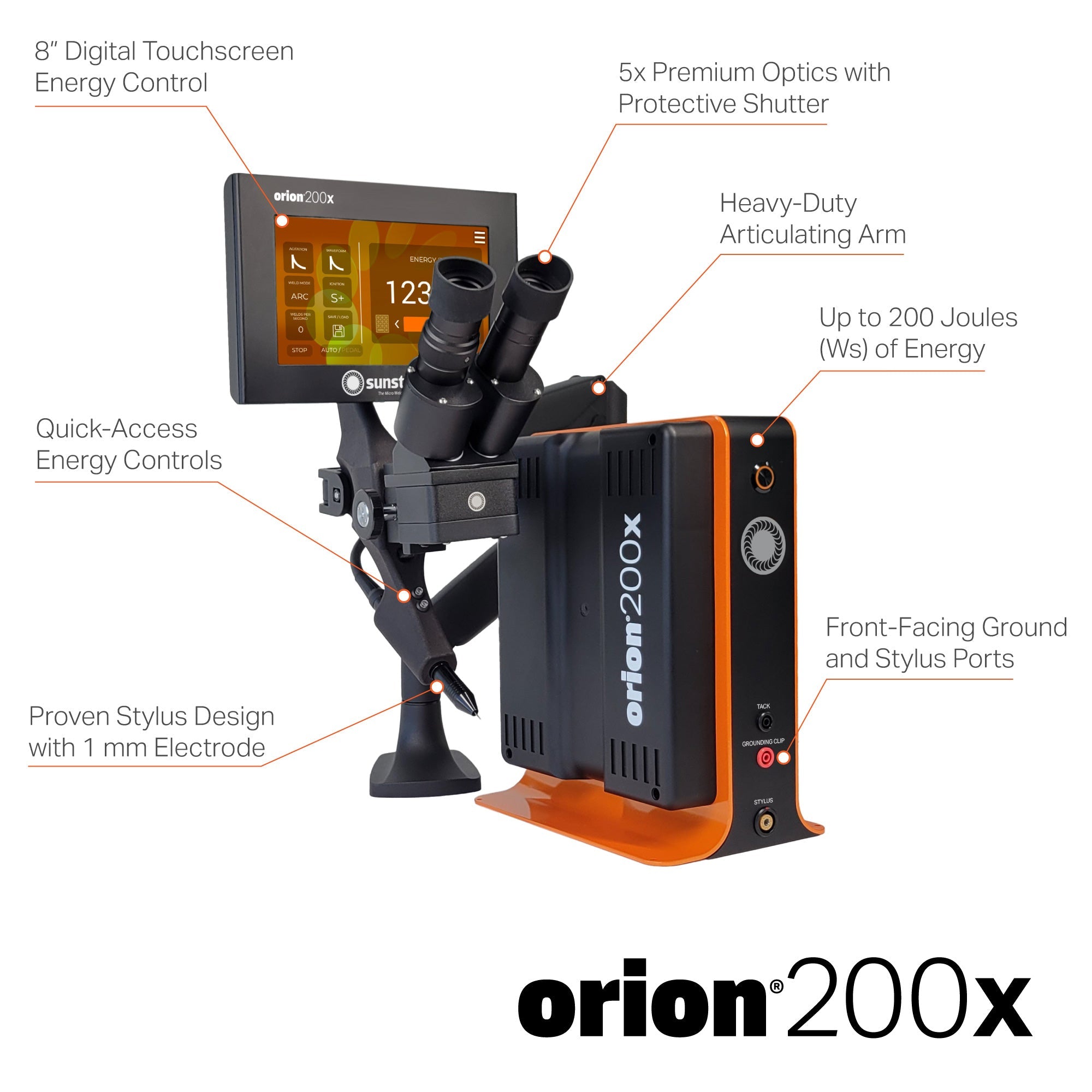 Sunstone Orion 200x Pulse Arc Welder device with features highlighted on a white background