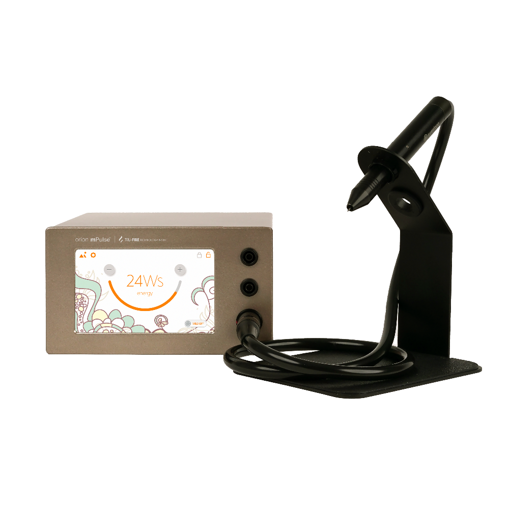 Orion mPulse welder Electronic device with digital display and black stand on a white background