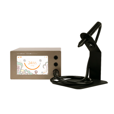 Orion mPulse welder Electronic device with digital display and black stand on a white background