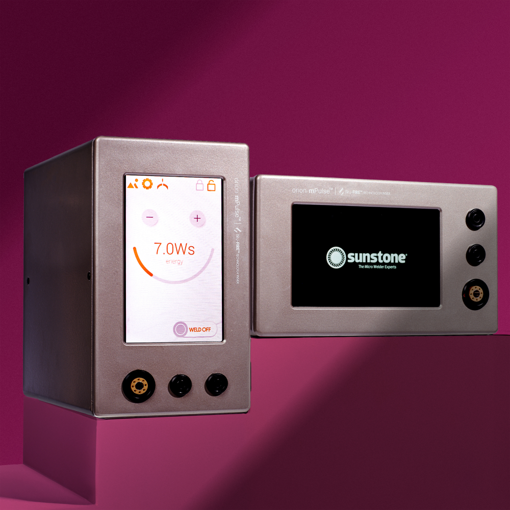 Orion mPulse Welder  Two electronic devices with digital displays on a purple background, featuring the Sunstone brand.