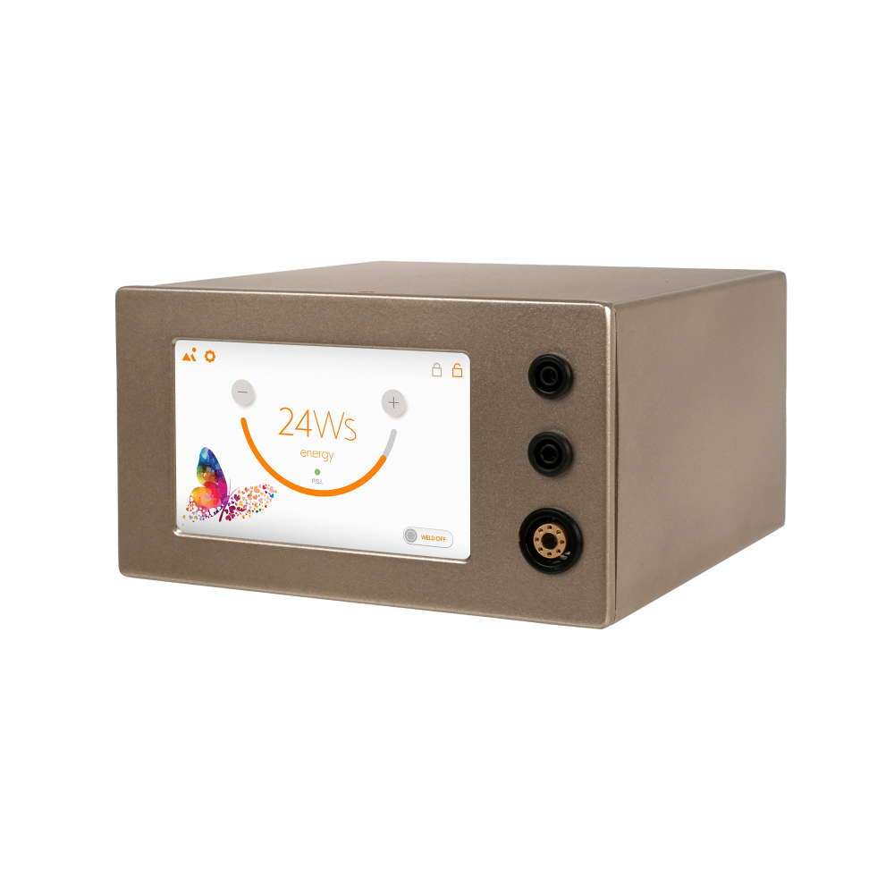 Orion mPulse welder Metallic device with digital display and connectors on a white background