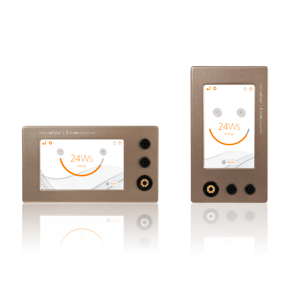 Orion mPulse welder Two electronic devices with digital displays on a white background