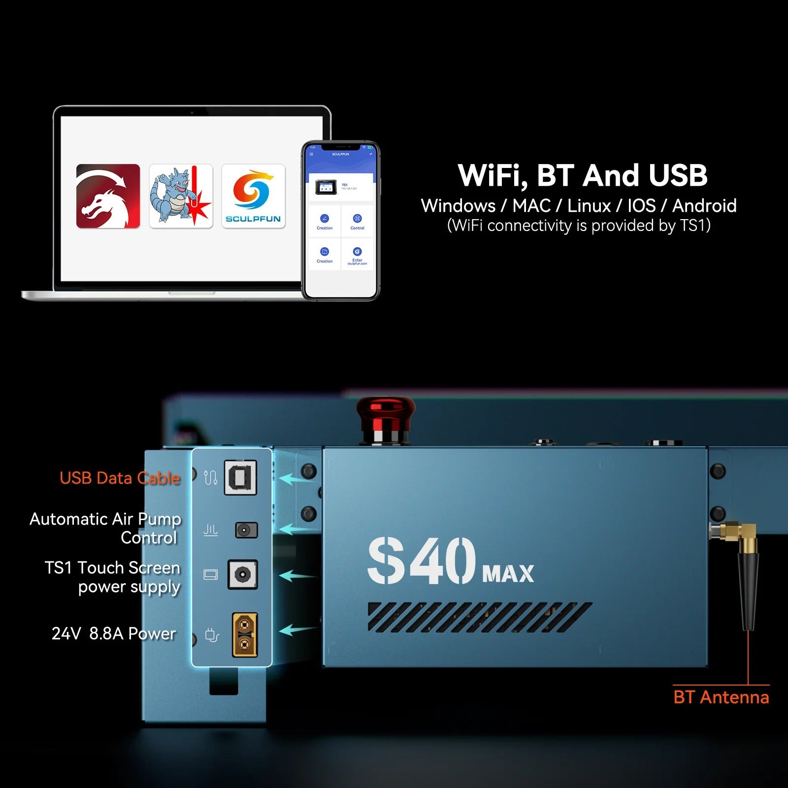 SCULPFUN S40 Max 48W Diode Laser Engraver Connectivity