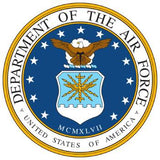 The official seal of the Department of the Air Force, United States of America, featuring a blue background with a gold eagle, a light blue and white shield with a gold arrow, and white stars, surrounded by a gold border with the text 'DEPARTMENT OF THE AIR FORCE' and 'UNITED STATES OF AMERICA'.