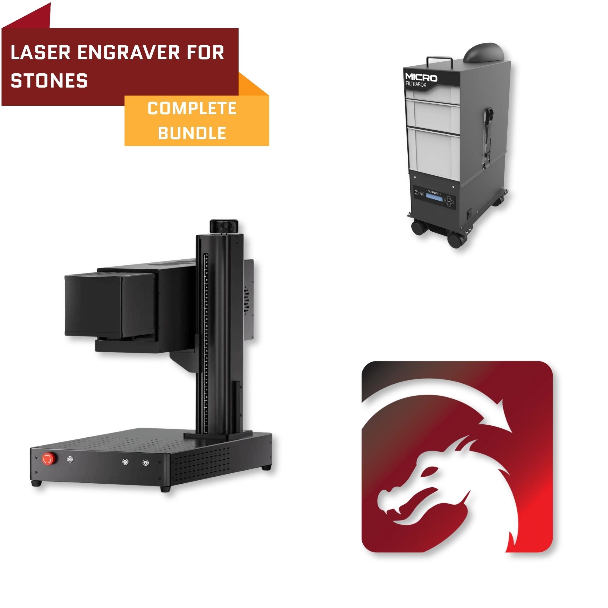 Laser engraver for stones complete bundle featuring a black desktop laser engraver, a black and silver micro stone cabinet on wheels, and a red and white dragon logo icon, set against a plain white background with promotional text.