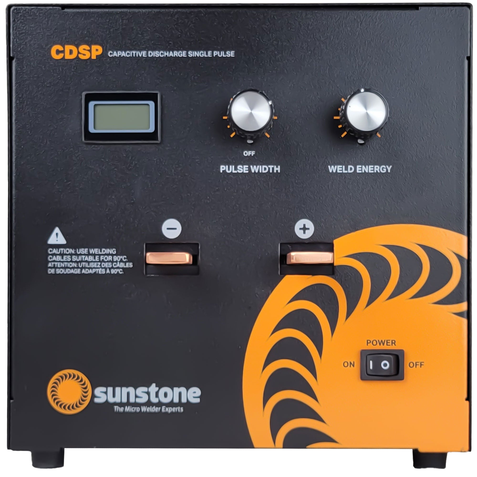 Sunstone CDSF welding machine with control knobs and power switch on a black background
