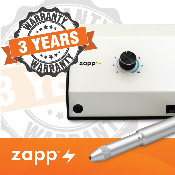 Zapp Permanent Jewelry Welder Zapp device with a 3-year warranty badge on an orange background