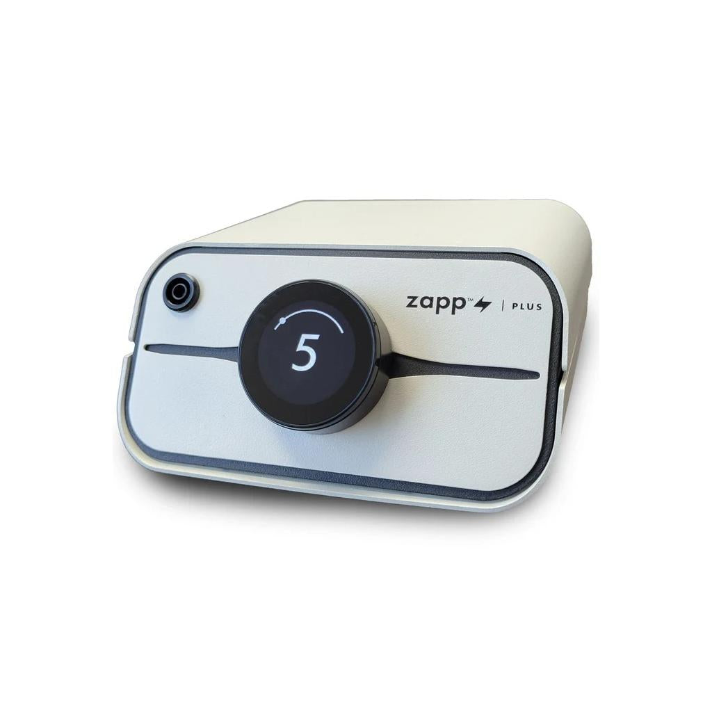 Zapp Plus 2  White electronic device with a black dial labeled '5' and 'zapp plus' on a white background