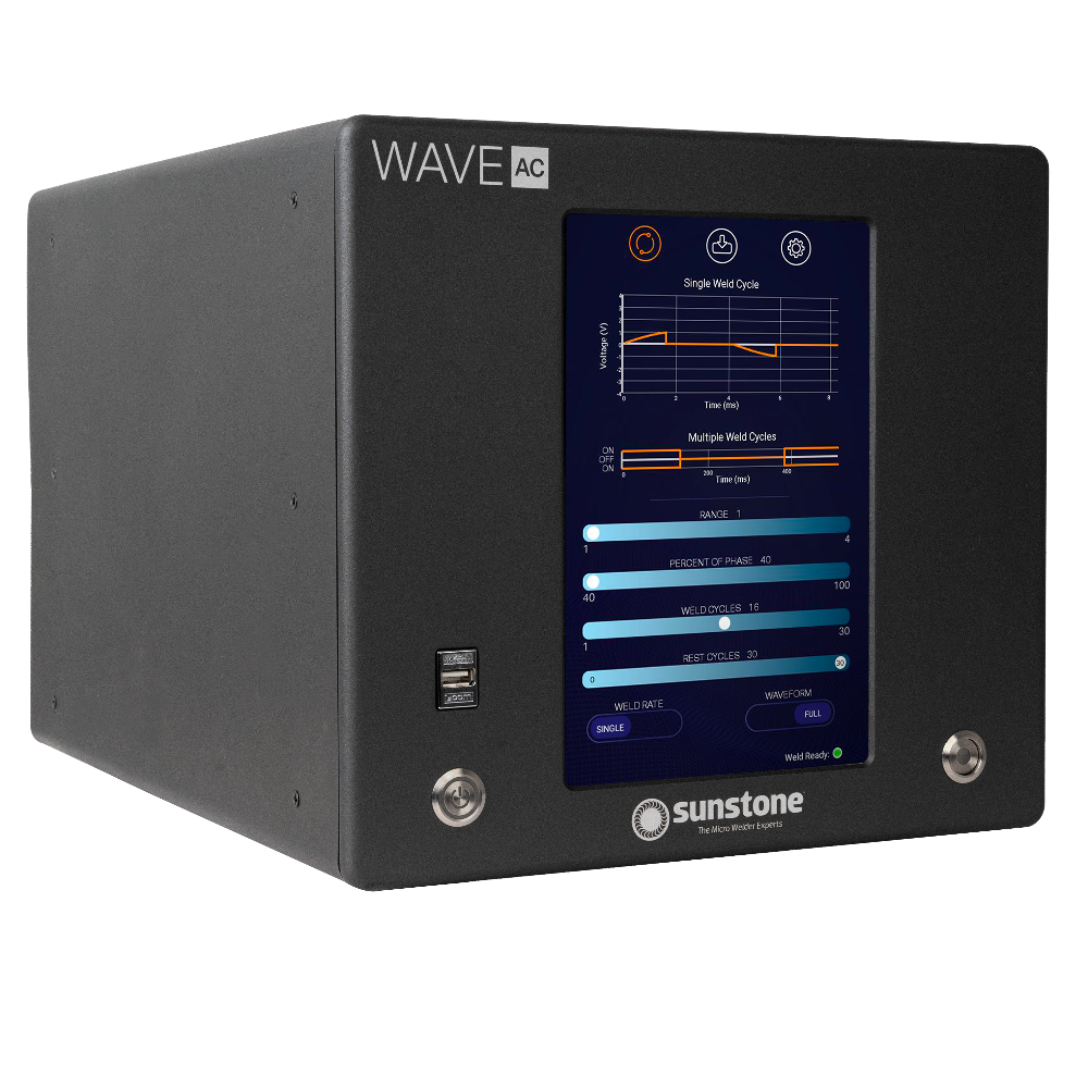 Sunstone Wave AC Resistance Welder for Seam & Foil Welding Black electronic device with a digital display and 'Sunstone' branding on a white background