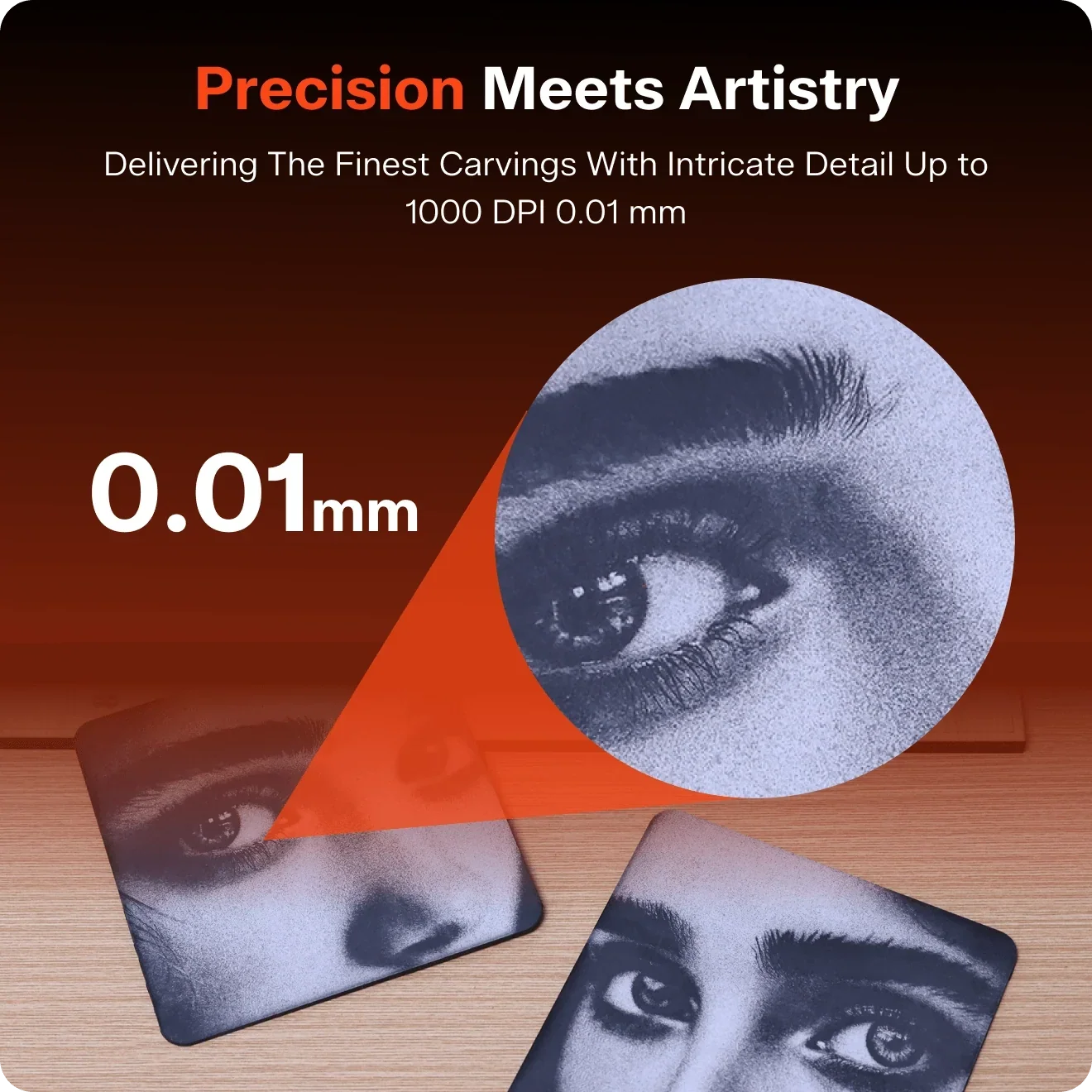 OneLaser XRF precision engraving detail showing 0.07mm RF beam spot results