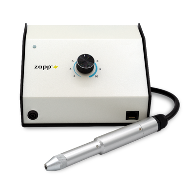 Zapp Permanent Jewelry Welder White electronic device with a control knob and cable on a white background, branded 'zapp'.