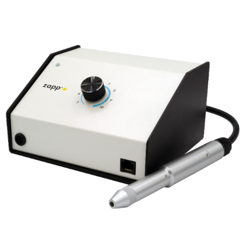 Zapp Permanent Jewelry Welder White electronic device with a black handle labeled 'zapp' on a white background