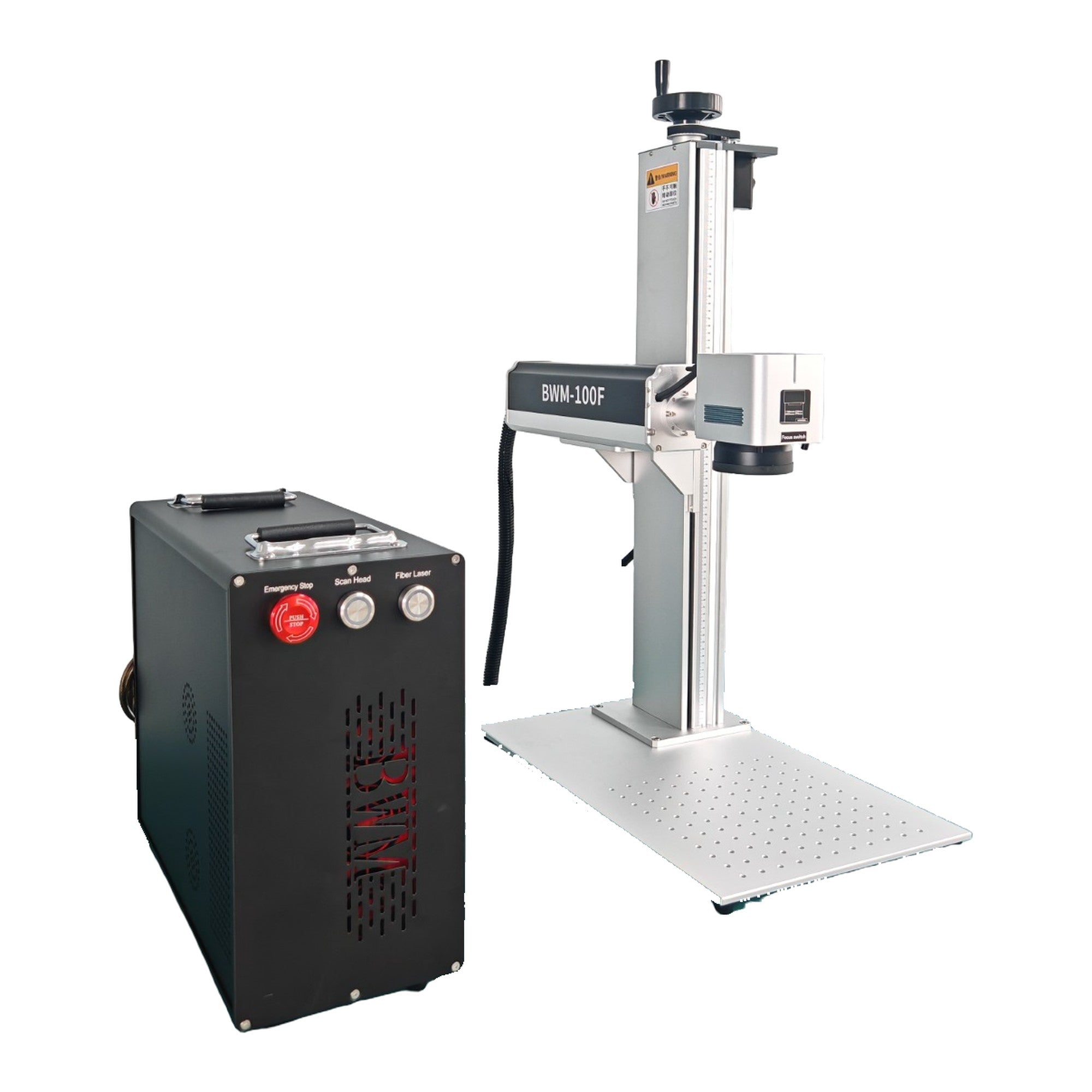 BWM 100W JPT MOPA fiber laser engraver with motorized Z-axis, angled view