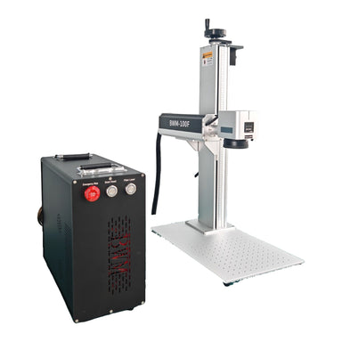 BWM 100W JPT MOPA fiber laser engraver with motorized Z-axis, angled view
