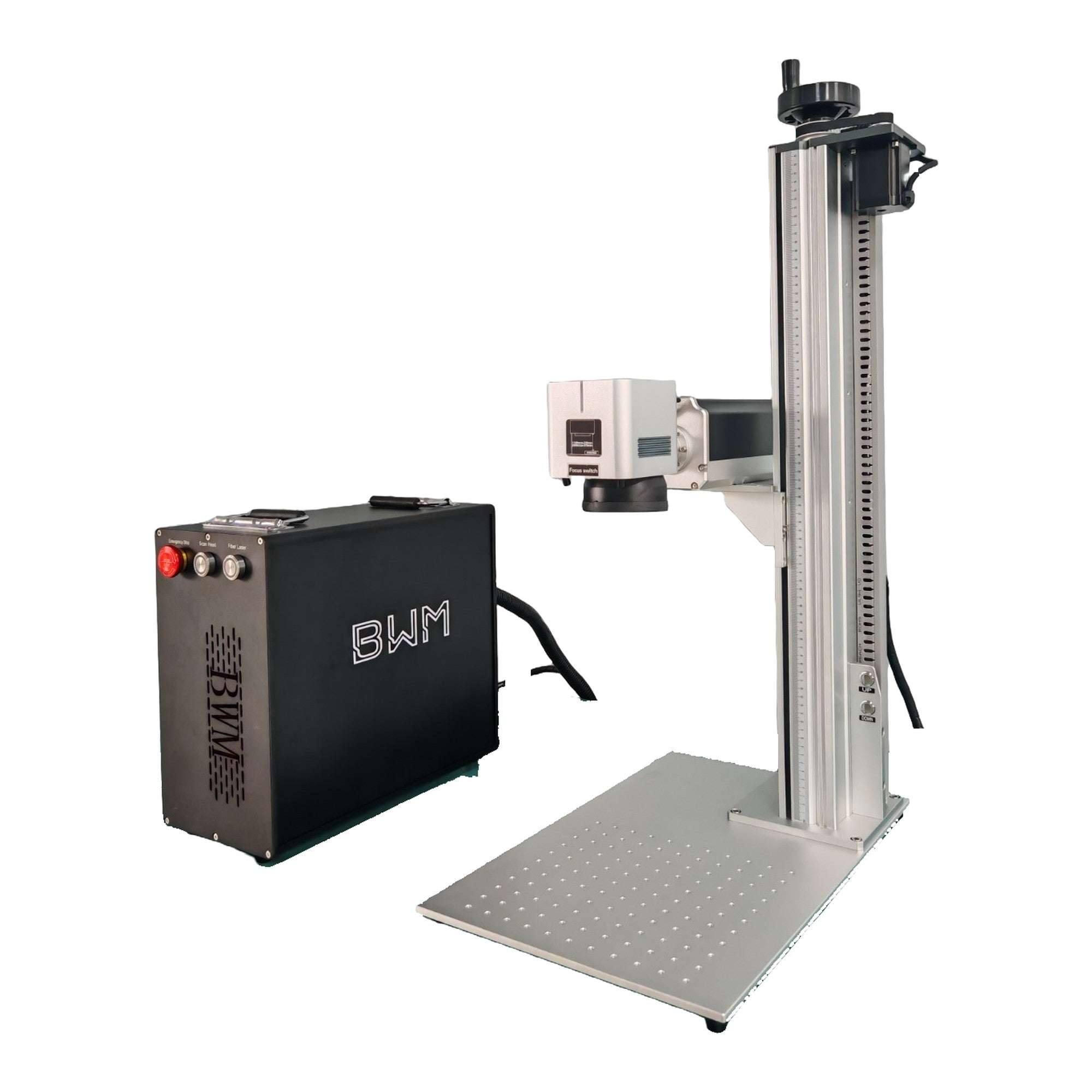 BWM 100W JPT MOPA fiber laser galvo head and focusing assembly, side view