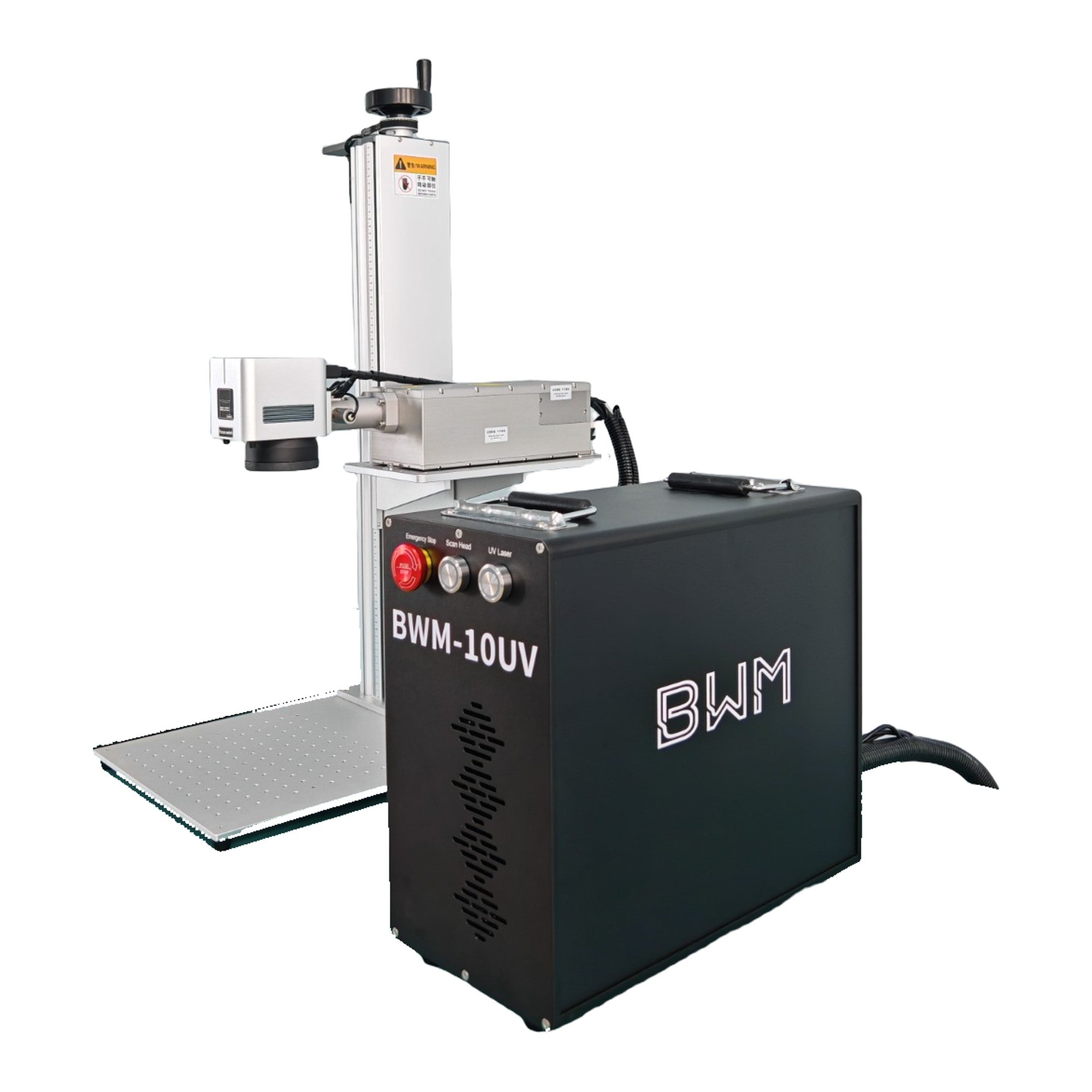BWM 10W JPT UV laser marking machine with motorized lift column, angled view
