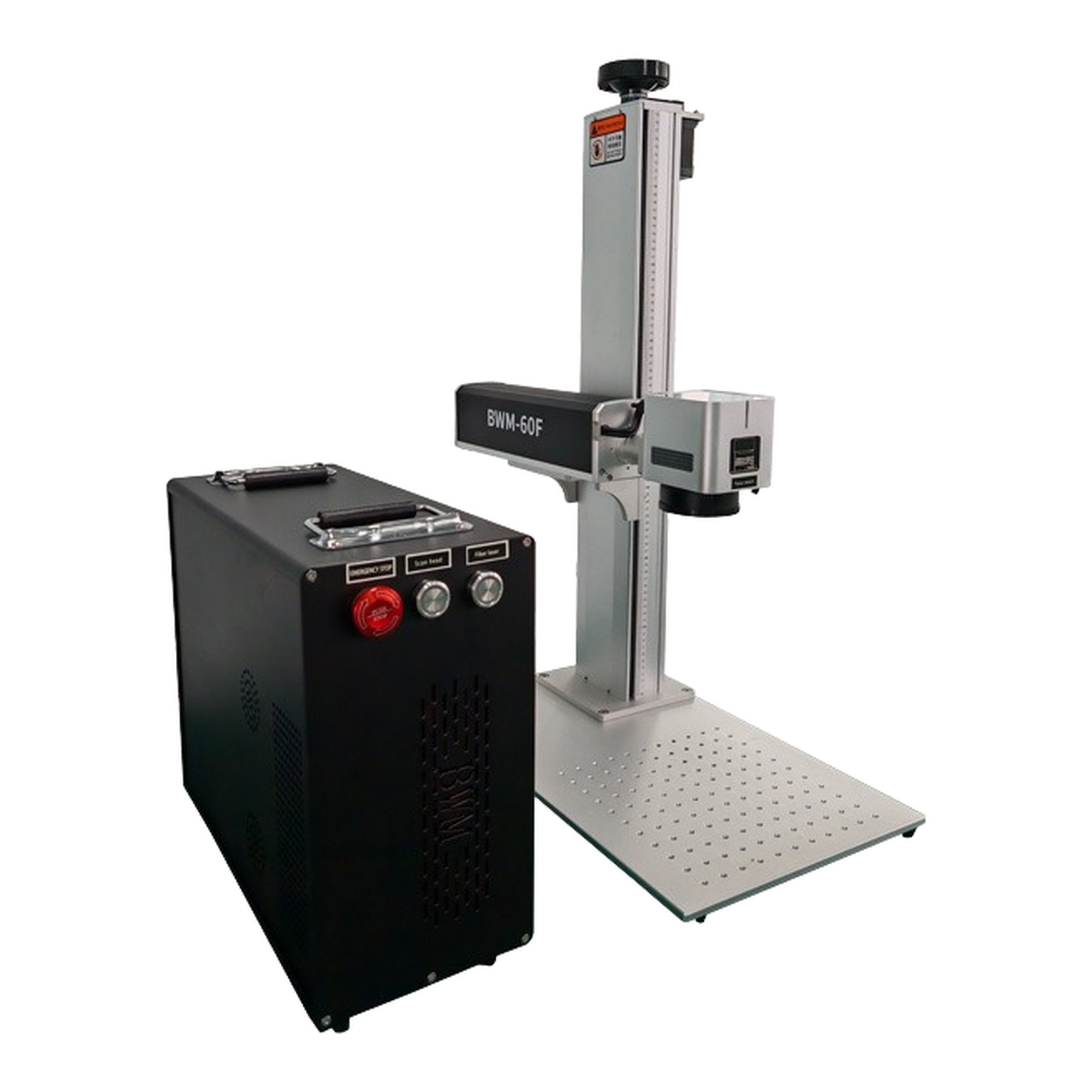 BWM 60W JPT MOPA fiber laser engraver with rotary-ready marking tower, angled view