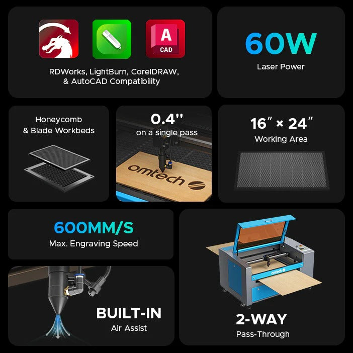 OMTech Maker MF1624-60 60W CO2 Laser Engraver and Cutter specifications